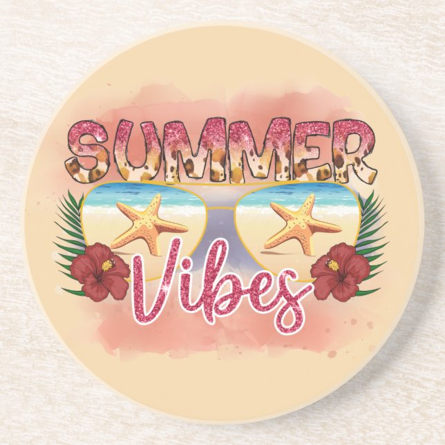 Summer Vibes | Coastal Beach Sunglasses Design Coaster (Front)