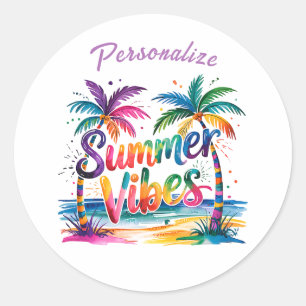 Summer Vibes Colourful Palm Trees Ocean Personaliz Classic Round Sticker