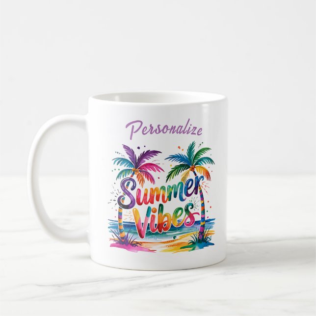 Summer Vibes Colourful Palm Trees Ocean Personaliz Coffee Mug (Left)