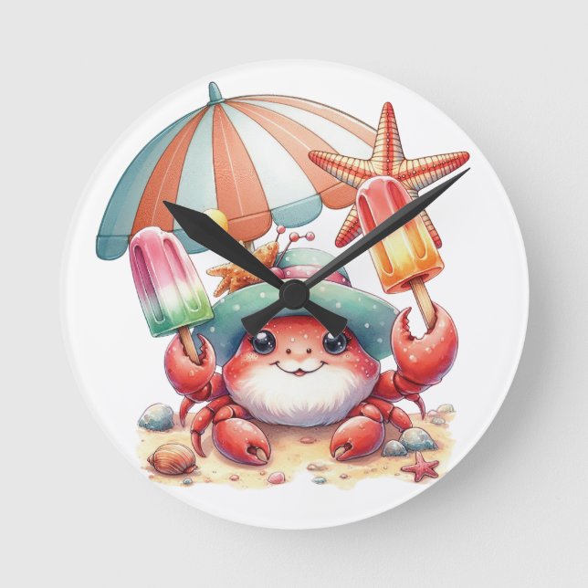 Summer Vibes Crab with Popsicles Round Clock (Front)