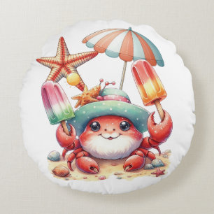 Summer Vibes Crab with Popsicles Round Pillow