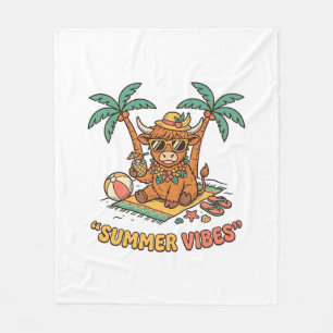 Summer Vibes Cute Highland Cow Beach Vacation Shir Fleece Blanket