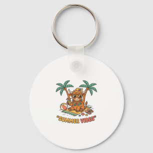 Summer Vibes Cute Highland Cow Beach Vacation Shir Keychain