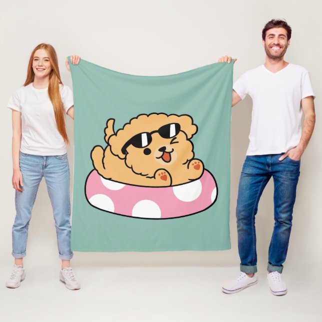 Summer Vibes Dog – Floating Puppy with Sunglasses Fleece Blanket (In Situ)