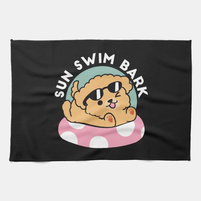 Summer Vibes Dog – Floating Puppy with Sunglasses Kitchen Towel (Horizontal)