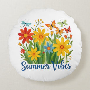 Summer Vibes Floral with Butterflies Round Pillow