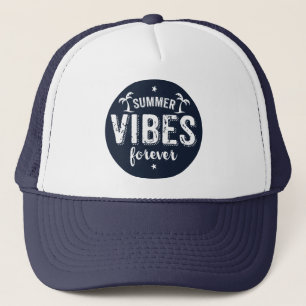Summer Vibes Forever White & Navy Blue Text Trucker Hat