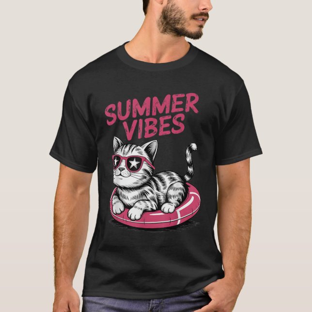Summer Vibes Funny Cool Cat Pool Float Beach Men W T-Shirt (Front)