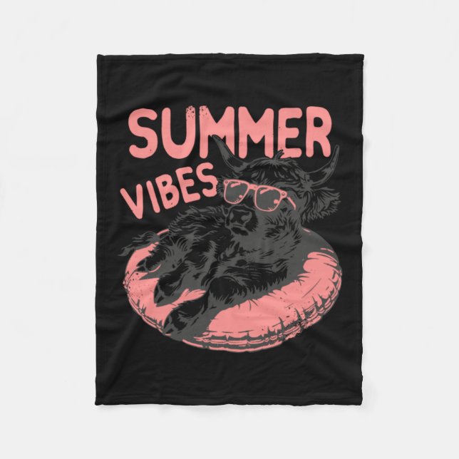 Summer Vibes Funny Highland Cow Beach Float Retro Fleece Blanket (Front)