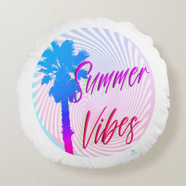 Summer Vibes Neon Palm Tree Beach Lifestyle Round Pillow (Front)
