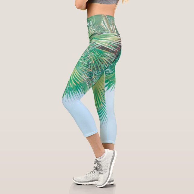 Summer Vibes Palm Tree Leaves Pale Green Capri Leggings (Left)