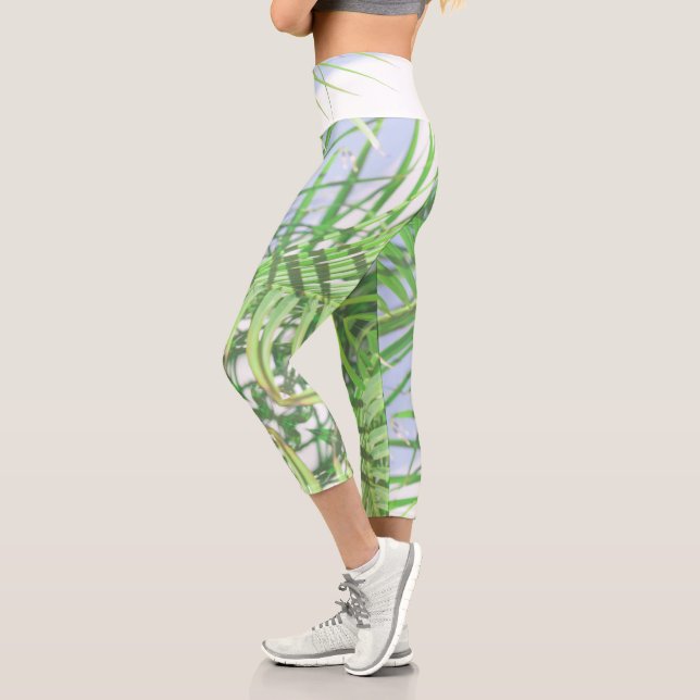 Summer Vibes Palm Tree Leaves Pale Green Pastel Capri Leggings (Left)