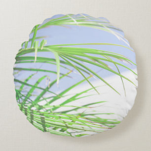 Summer Vibes Palm Tree Leaves Pale Green Pastel Round Pillow