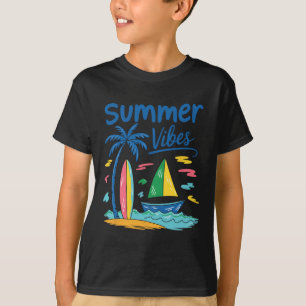 Summer Vibes Palm Tree Surfboard Sailboat  T-Shirt