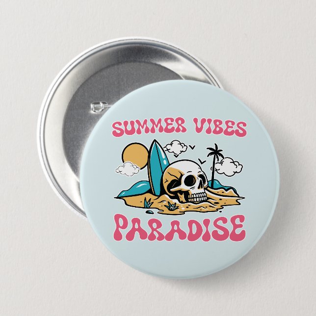 Summer Vibes Paradise - Skull 3 Inch Round Button (Front & Back)