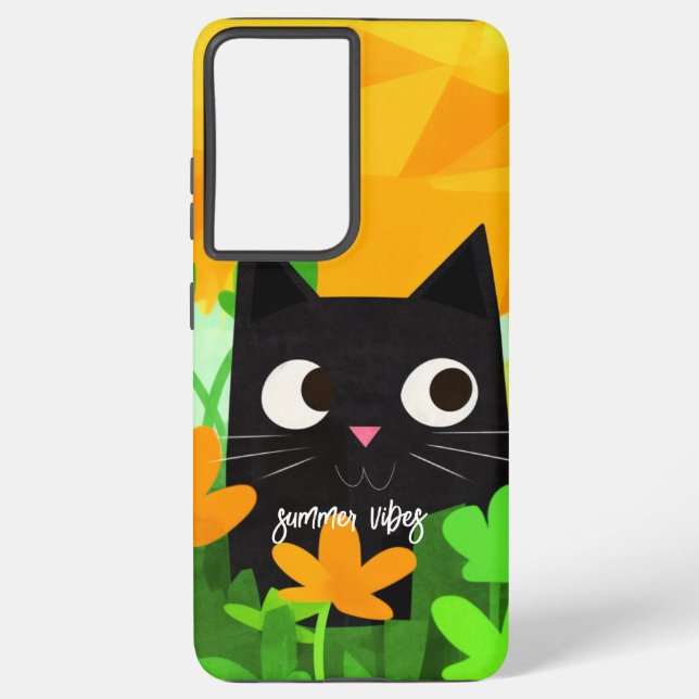 Summer Vibes Personalized Floral Black Cat Samsung Galaxy S21 Ultra Case (Back)