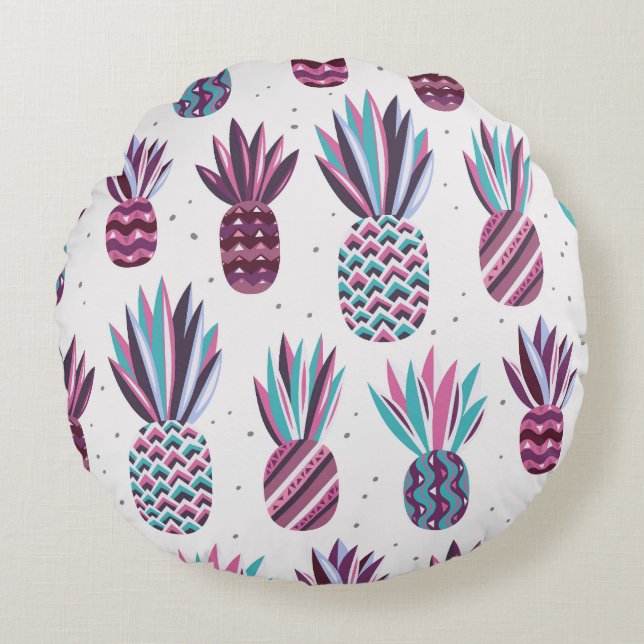Summer Vibes: Pineapple Pattern, Colourful Dots Round Pillow (Front)