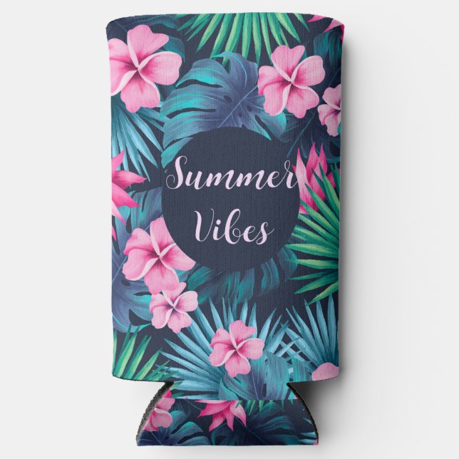  Summer Vibes Pink and Palm Leaf Tropical Floral Seltzer Can Cooler (Front)
