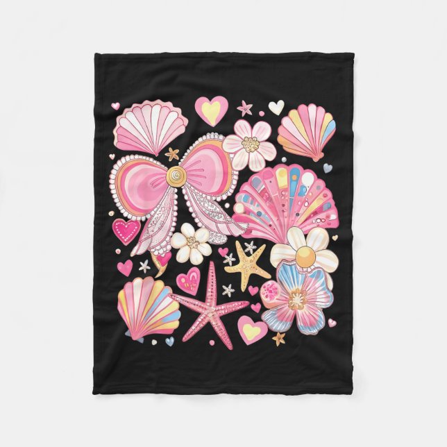 Summer Vibes Pink Coquette Bow Seashell Beach Fleece Blanket (Front)