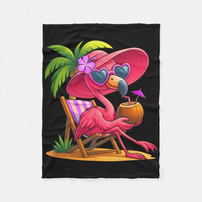 Summer Vibes Pink Flamingo Beach Palm Tree Summer  Fleece Blanket (Front)