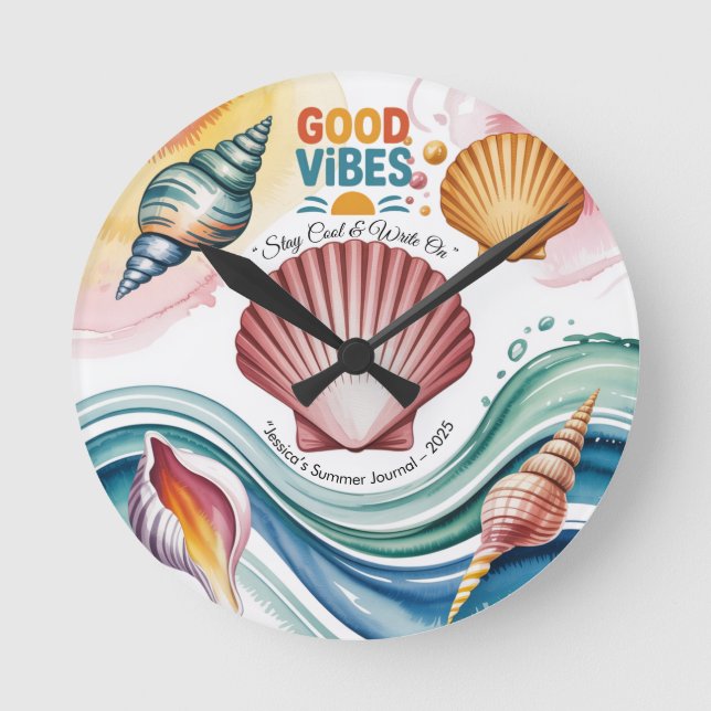 Summer Vibes Retro Beach Illustration Round Clock (Front)