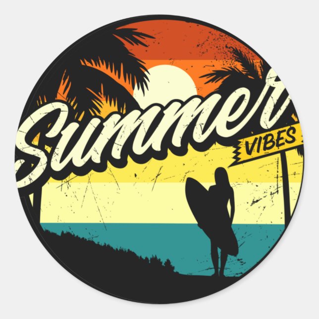 Summer Vibes Retro Silhouette Classic Round Sticker (Front)