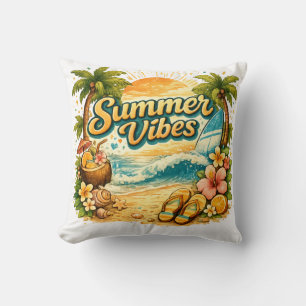 Summer Vibes Retro Tropical Beach Sunset Design Throw Pillow