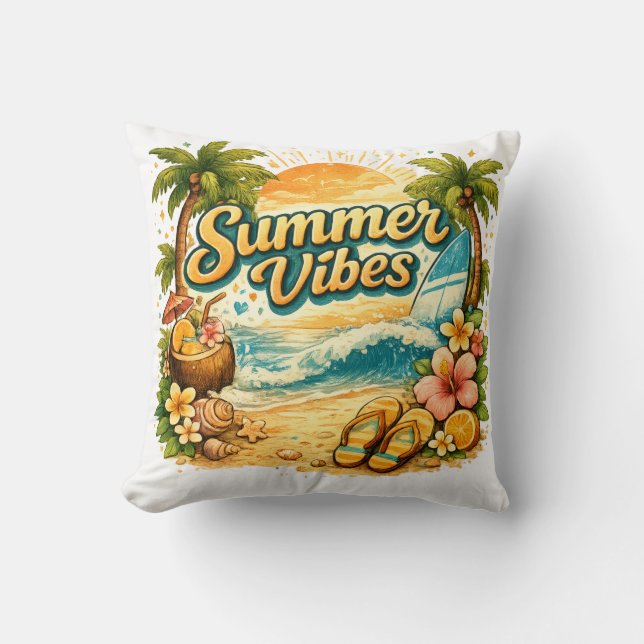 Summer Vibes | Retro Tropical Beach Sunset Design Throw Pillow (Front)
