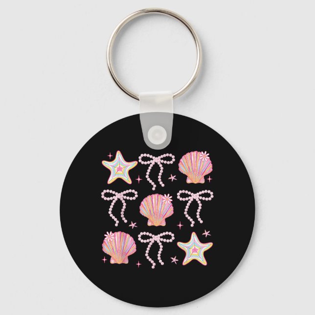 Summer Vibes Seashell Pink Coastal Coquette Bow Keychain (Front)