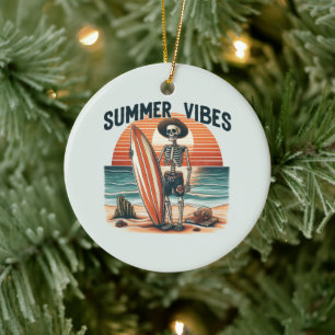 Summer Vibes Skeleton Surfer Sunset Beach Design Ceramic Ornament
