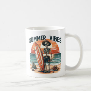 Summer Vibes Skeleton Surfer Sunset Beach Design Coffee Mug