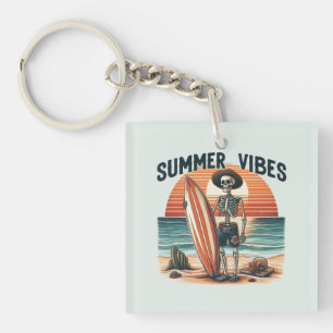 Summer Vibes Skeleton Surfer Sunset Beach Design Keychain