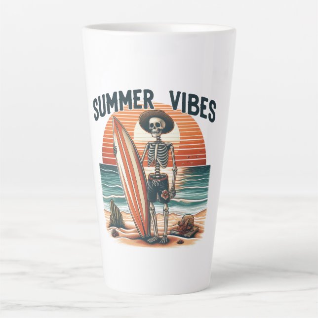 Summer Vibes Skeleton Surfer Sunset Beach Design Latte Mug (Front)