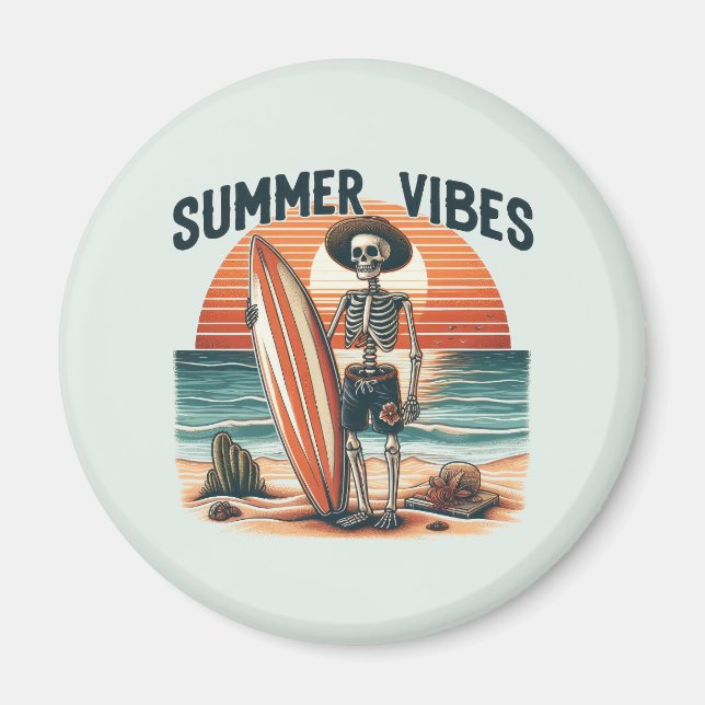Summer Vibes Skeleton Surfer Sunset Beach Design Magnet (Front)