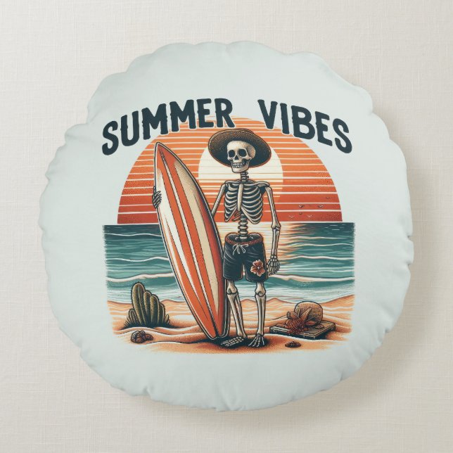 Summer Vibes Skeleton Surfer Sunset Beach Design Round Pillow (Front)