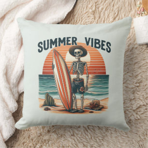Summer Vibes Skeleton Surfer Sunset Beach Design Throw Pillow