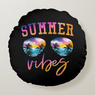 Summer Vibes Sunglasses With Palm Tree Funny Beach Round Pillow