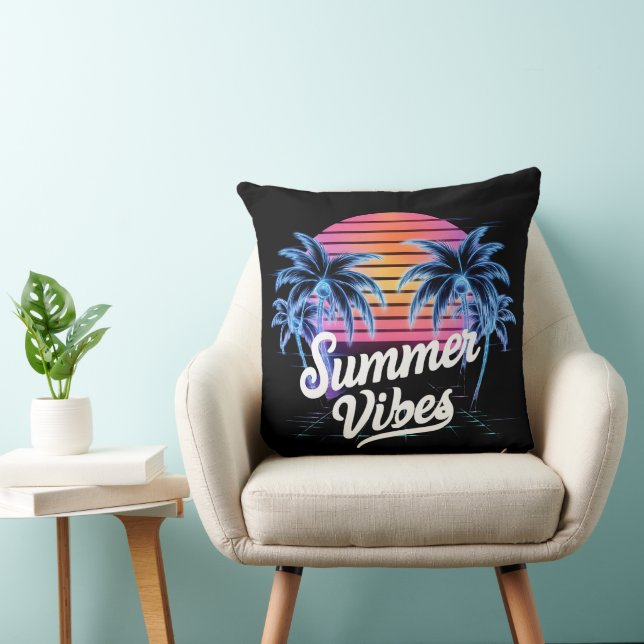 Summer Vibes Synthwave T-Shirt – Neon Palm Tree  Throw Pillow (Chair)