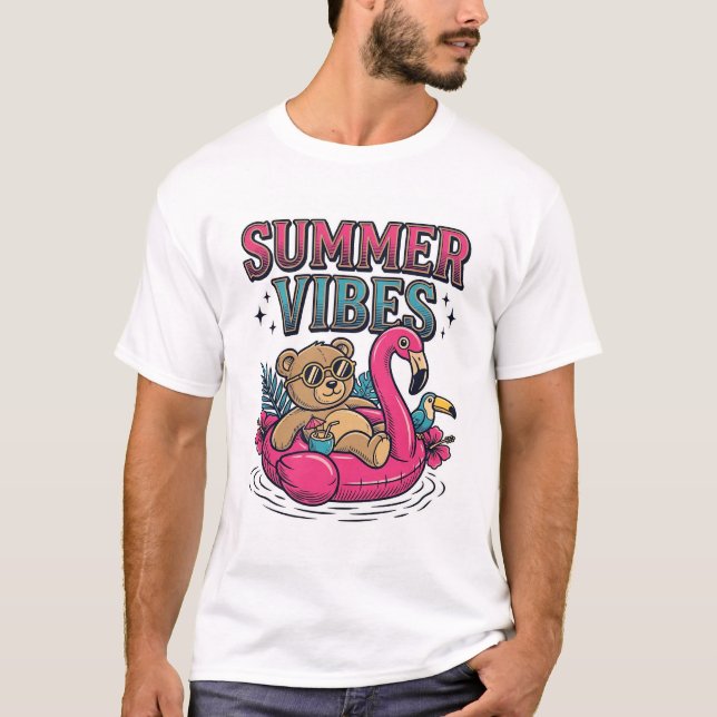 Summer Vibes Teddy Bear Flamingo Float Shirt Desig (Front)