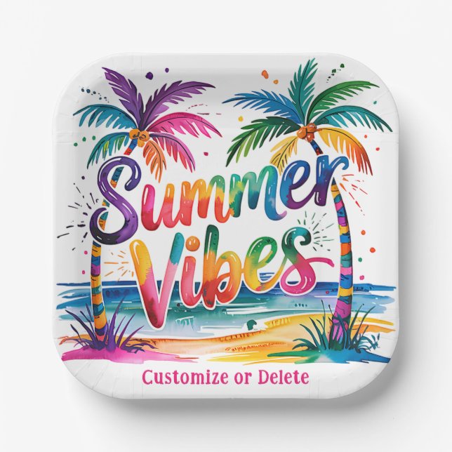 Summer Vibes Tropical Palm Tree Ocean Customize Paper Plate (Front)