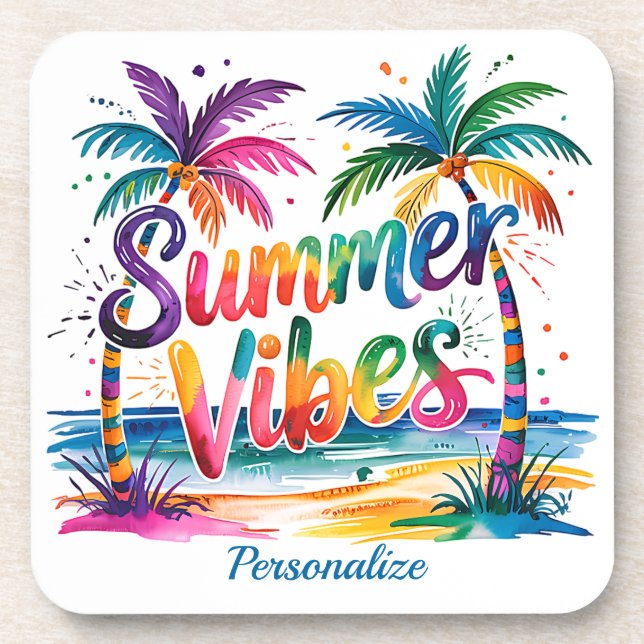 Summer Vibes Tropical Palm Tree Ocean Personalized Coaster (Front)