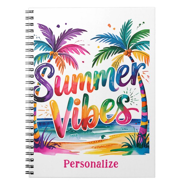 Summer Vibes Tropical Palm Tree Ocean Personalized Notebook (Front)
