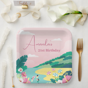 Summer Vibes Tropical Pink 21st Birthday Paper Plate