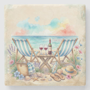 Summer Vibes Watercolor Beach Chairs Coastal Stone Coaster
