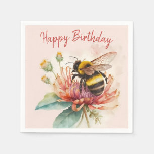 Summer Vibes Watercolor Bumblebee Happy Birthday Napkin
