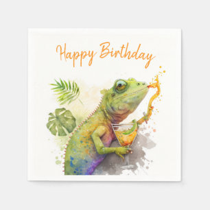 Summer Vibes Watercolor Chameleon - Happy Birthday Napkin