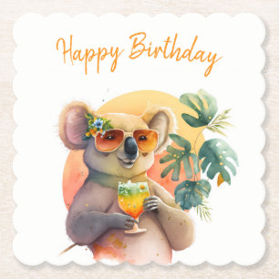 Summer Vibes Watercolor Koala - Happy Birthday Paper Coaster