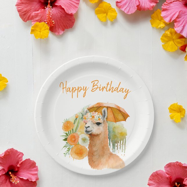 Summer Vibes Watercolor Llama - Happy Birthday Paper Plate (Creator Uploaded)