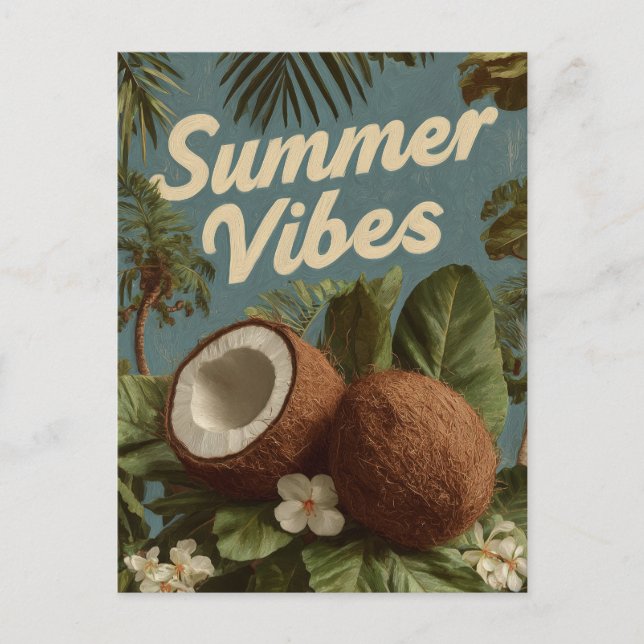 "Summer Vibes" with Coconuts and Tropical Foliage Postcard (Front)
