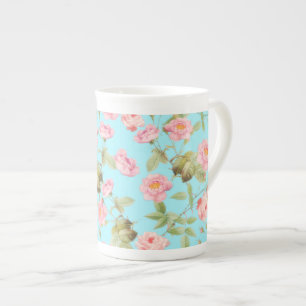 Summer Victorian Vintage Roses Pattern on Teal Bone China Mug